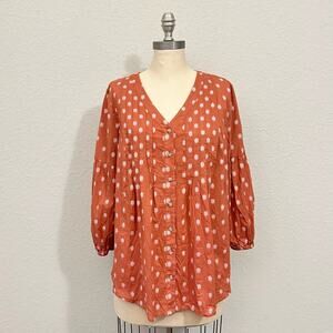 J. JILL Blouse Rust Orange Floral Puff Sleeve Boho Peasant Cottagecore
